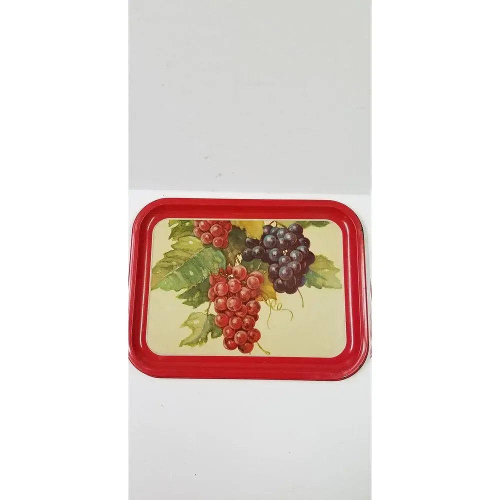 Set of 3 Vintage 1960s Metal TV Lap Trays Red Border Grape Vineyard Cottagecore